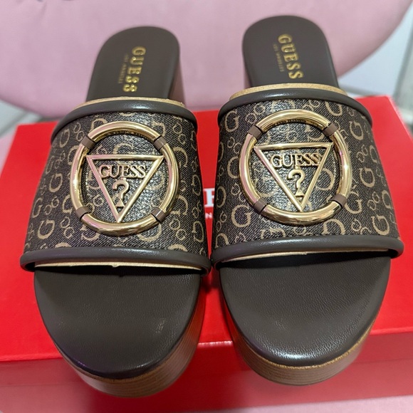 GUESS Logo Brown Platform Slides - Picture 2 of 4